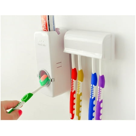 Automatic Toothpaste Dispenser Squeezer+5 Toothbrush Holder Set Wall Mount Stand
